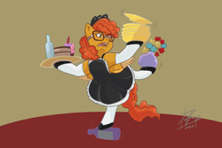 Size: 1772x1181 | Tagged: safe, artist:shacy's pagelings, oc, oc only, oc:klutzy, pegasus, pony, character, clothes, glasses, maid, solo, stand, trip