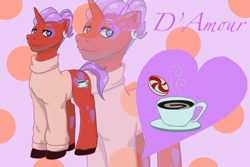 Size: 1772x1181 | Tagged: safe, artist:shacy's pagelings, oc, oc only, oc:fleur d'amour, pony, unicorn, clothes, male, solo, stallion, sweater, zoom layer