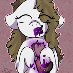 Size: 479x479 | Tagged: safe, artist:milledpurple, oc, oc only, earth pony, pony, bust, earth pony oc, eating, eye clipping through hair, eyelashes, eyes closed, female, food, jam, mare, signature, solo