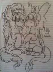 Size: 719x959 | Tagged: safe, artist:milledpurple, oc, oc only, dragon, pegasus, pony, :p, beanie, dragon oc, duo, fangs, hat, lineart, lined paper, pegasus oc, signature, smiling, tongue out, traditional art, wings