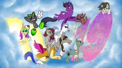 Size: 3840x2160 | Tagged: safe, artist:diamond06mlp, oc, oc only, alicorn, draconequus, pony, alicorn oc, draconequus oc, female, happy birthday, hat, high res, horn, male, mare, party hat, paw prints, smiling, stallion, wings