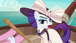 Size: 1280x720 | Tagged: safe, screencap, pinkie pie, rarity, earth pony, pony, unicorn, g4, ppov, boat, captain rarity, clothes, duo, duo female, female, offscreen character, open mouth, raised eyebrow, raristocrat, rose dewitt bukater, titanic