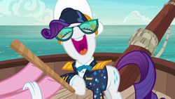 Size: 1280x720 | Tagged: safe, screencap, pinkie pie, rarity, earth pony, pony, unicorn, g4, ppov, boat, captain hat, captain rarity, duo, duo female, esophagus, eyes closed, faic, female, hat, laughing, mawshot, nose in the air, offscreen character, open mouth, uvula, volumetric mouth