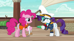 Size: 1920x1076 | Tagged: safe, screencap, pinkie pie, rarity, earth pony, pony, unicorn, g4, ppov, boat, captain hat, captain rarity, duo, duo female, female, hat, lifejacket