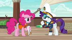 Size: 1301x729 | Tagged: safe, screencap, pinkie pie, rarity, earth pony, pony, unicorn, g4, ppov, boat, captain hat, captain rarity, duo, duo female, female, hat, lifejacket, o, o mouth, open mouth