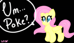 Size: 1398x811 | Tagged: safe, artist:skypaw122, fluttershy, pegasus, pony, g4, black background, eyelashes, female, mare, signature, simple background, solo, talking, wings