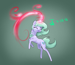 Size: 1158x1000 | Tagged: safe, artist:joan-grace, oc, oc only, pony, unicorn, eyes closed, female, glowing horn, gradient background, horn, mare, signature, solo, unicorn oc