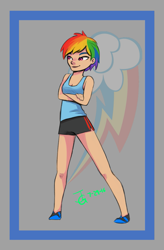 Size: 1369x2081 | Tagged: safe, artist:joan-grace, rainbow dash, human, g4, clothes, crossed arms, cutie mark background, female, humanized, shorts, solo