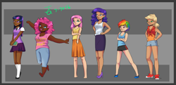 Size: 3526x1700 | Tagged: safe, artist:joan-grace, applejack, fluttershy, pinkie pie, rainbow dash, rarity, twilight sparkle, human, g4, abstract background, barefoot, book, clothes, dark skin, feet, female, humanized, mane six, pants, shoes, shorts, signature, skirt