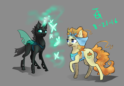 Size: 2400x1673 | Tagged: safe, artist:joan-grace, pumpkin cake, thorax, butterfly, changeling, pony, unicorn, g4, clothes, duo, female, glowing horn, gray background, headscarf, horn, male, mare, older, older pumpkin cake, raised hoof, scarf, signature, simple background, smiling, story included