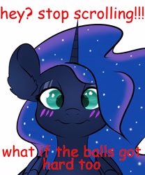 Size: 3413x4096 | Tagged: safe, artist:doegie, princess luna, alicorn, pony, g4, blushing, looking at you, smiling, text, wat