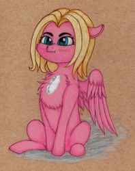 Size: 3067x3864 | Tagged: safe, artist:myzanil, oc, oc only, oc:mio, pegasus, pony, blushing, chest fluff, colored pencil drawing, cute, floppy ears, freckles, grumpy, high res, pegasus oc, puffed chest, sitting, solo, traditional art