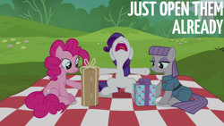 Size: 1280x720 | Tagged: safe, edit, edited screencap, editor:quoterific, screencap, maud pie, pinkie pie, rarity, earth pony, pony, unicorn, g4, season 6, the gift of the maud pie, female, mare, nose in the air, open mouth, present, smiling