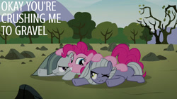 Size: 1280x720 | Tagged: safe, edit, edited screencap, editor:quoterific, screencap, limestone pie, marble pie, pinkie pie, earth pony, pony, g4, season 8, the maud couple, female, grin, hair over one eye, mare, one eye closed, pie sisters, siblings, sisters, smiling