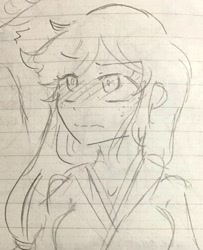 Size: 1348x1661 | Tagged: safe, artist:metaruscarlet, applejack, human, g4, blushing, clothes, female, flustered, freckles, humanized, kimono (clothing), lined paper, sketch, solo, traditional art
