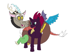 Size: 1600x1200 | Tagged: safe, artist:spyro-for-life, discord, tempest shadow, draconequus, pony, unicorn, g4, coils, female, horn, looking at each other, male, shipping, simple background, straight, tempest now has a true horn, tempestcord, white background, wrapped up