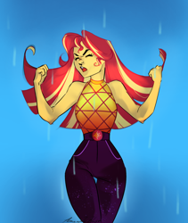 Size: 1200x1420 | Tagged: safe, artist:amanda-hast, sunset shimmer, equestria girls, g4, let it rain, my little pony equestria girls: better together, curvy, female, geode of empathy, hourglass figure, magical geodes, rain, sleeveless, solo