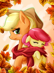 Size: 1114x1508 | Tagged: safe, artist:michaellaarts609, apple bloom, applejack, g4, apple sisters, autumn, clothes, eyes closed, female, floppy ears, freckles, leaves, scarf, siblings, sisters