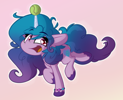 Size: 2254x1840 | Tagged: safe, artist:nekro-led, izzy moonbow, pony, unicorn, g5, abstract background, ball, bracelet, cute, ear fluff, eyebrows, happy, horn, hornball, izzy's tennis ball, jewelry, smiling, solo, standing, standing on one leg, tennis ball, trotting