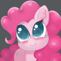 Size: 2160x2160 | Tagged: safe, artist:limitmj, pinkie pie, earth pony, pony, g4, big eyes, blushing, cute, diapinkes, ear fluff, gray background, high res, looking at you, looking up, ponk, simple background, smiling, solo, starry eyes, weapons-grade cute, wingding eyes