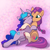 Size: 2048x2048 | Tagged: safe, artist:pfeffaroo, izzy moonbow, sunny starscout, earth pony, pony, unicorn, g5, cuddling, cute, duo, eyes closed, female, high res, hug, izzybetes, lesbian, mare, one eye closed, ship:moonscout, shipping, sunnybetes, sweet dreams fuel