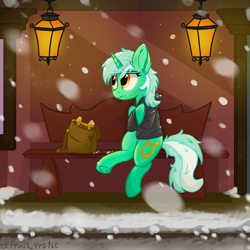 Size: 4000x4000 | Tagged: safe, artist:d3f4ult_4rt1st, lyra heartstrings, pony, unicorn, fanfic:background pony, g4, bag, bench, clothes, cold, dig the swell hoodie, ear fluff, freezing, hoodie, lyre, messy mane, musical instrument, sad, saddle bag, sitting, snow, snowfall, solo, train station