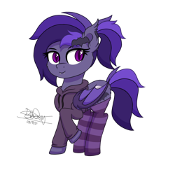 Size: 1280x1280 | Tagged: safe, artist:itsnovastarblaze, oc, oc only, oc:eris moon, bat pony, pony, cheek fluff, clothes, ear fluff, female, hairpin, hoodie, looking back, mare, simple background, socks, solo, standing, striped socks, transparent background