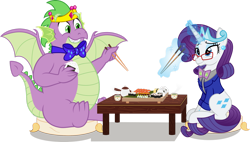Size: 1920x1088 | Tagged: safe, artist:n0kkun, rarity, spike, dragon, fish, pony, salmon, unicorn, flurry heart's story, g4, adult, adult spike, bhm, bowtie, chopsticks, clothes, crown, cushion, duo, ear piercing, fat, fat spike, female, food, glasses, jacket, jewelry, male, older, older rarity, older spike, onigiri, piercing, regalia, ship:sparity, shipping, simple background, straight, sushi, table, tea, tiara, transparent background, vector