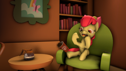 Size: 1920x1080 | Tagged: safe, artist:forerunnerfoxx, apple bloom, earth pony, pony, g4, 3d, coffee, coffee mug, couch, female, filly, mug, newbie artist training grounds, source filmmaker, table