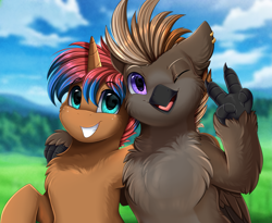 Size: 3215x2640 | Tagged: safe, artist:pridark, oc, oc only, oc:aeto, unnamed oc, hippogriff, pony, unicorn, bust, cloud, cute, duo, grass, high res, hippogriff oc, horn, male, mountain, multicolored hair, ocbetes, one eye closed, peace sign, portrait, scenery, sky, smiling, tree, unicorn oc, wink