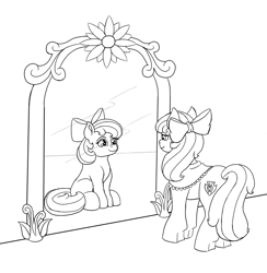 Size: 1000x1025 | Tagged: safe, artist:zevironmoniroth, apple bloom, earth pony, pony, g4, clothes, female, filly, goldie delicious' shawl, mare, mirror, monochrome, older, older apple bloom, shawl, sketch