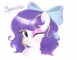 Size: 2048x1603 | Tagged: safe, artist:spoosha, rarity, pony, unicorn, g4, alternate hairstyle, bow, chest fluff, hair bow, simple background, solo, white background