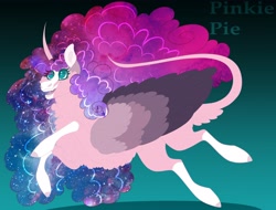 Size: 4096x3110 | Tagged: safe, artist:inisealga, pinkie pie, alicorn, pony, abstract background, alicornified, alternate design, alternate universe, chest fluff, coat markings, curved horn, fluffy, folded wings, gradient background, horn, leonine tail, markings, neck fluff, pinkiecorn, race swap, socks (coat markings), wings, xk-class end-of-the-world scenario