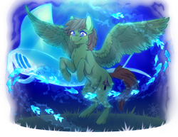 Size: 1100x850 | Tagged: safe, artist:~octopus~, oc, oc only, oc:delta hooves, fish, koi, manta ray, pegasus, pony, blue eyes, brown mane, chest fluff, crepuscular rays, digital art, feather, grass, male, ocean, simple background, smiling, solo, spread wings, stallion, sunlight, swimming, transparent background, underwater, water, wings, wrong tail color