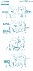 Size: 960x2057 | Tagged: safe, artist:jcosneverexisted, fluttershy, garble, dragon, pegasus, pony, g4, sweet and smoky, angry, blushing, comic strip, dialogue, eyes closed, female, garbleshy, kissing, looking at each other, male, mare, monochrome, parody, season 9 doodles, shipping, straight, the simpsons