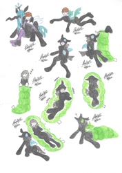 Size: 906x1280 | Tagged: safe, artist:bluelilytz, queen chrysalis, changeling, human, anthro, unguligrade anthro, g4, arm hooves, blushing, bodysuit, changeling suit, chrysalis suit, clothes, costume, human to anthro, human to changeling, ponysuit, sleeping bag, traditional art, transformation, transformation sequence