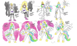 Size: 1280x766 | Tagged: safe, artist:bluelilytz, princess celestia, alicorn, human, anthro, unguligrade anthro, g4, arm hooves, clothes, cosplay, costume, crown, doll, dollified, dress, female, human to anthro, inanimate tf, jewelry, mare, ponysuit, possession, regalia, side slit, story included, traditional art, transformation, transformation sequence