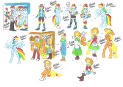 Size: 1280x906 | Tagged: safe, artist:bluelilytz, applejack, rainbow dash, earth pony, human, pegasus, anthro, unguligrade anthro, g4, arm hooves, blushing, clothes, cosplay, costume, crossdressing, doll, dollified, dress, female, human to anthro, inanimate tf, kigurumi, male, male to female, mare, ponysuit, possession, rule 63, story included, traditional art, transformation