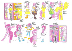 Size: 1280x906 | Tagged: safe, artist:bluelilytz, fluttershy, pinkie pie, earth pony, human, pegasus, anthro, unguligrade anthro, g4, arm hooves, blushing, clothes, cosplay, costume, crossdressing, dress, female, human to anthro, kigurumi, male, mare, ponysuit, possession, story included, traditional art, transformation