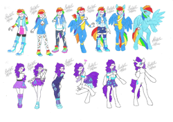 Size: 2338x1654 | Tagged: safe, artist:bluelilytz, rainbow dash, rarity, human, pegasus, unicorn, anthro, semi-anthro, unguligrade anthro, g4, arm hooves, bipedal, blushing, blushing profusely, bodysuit, clothes, cosplay, costume, crossdressing, cutie mark, cutie mark on clothes, equestria girls outfit, female, human to anthro, ponysuit, skirt, story included, traditional art, transformation, transformation sequence, uniform, unitard, wonderbolts uniform