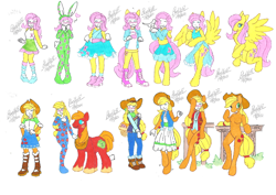 Size: 2338x1654 | Tagged: safe, artist:bluelilytz, applejack, big macintosh, fluttershy, earth pony, human, original species, pegasus, plush pony, anthro, semi-anthro, unguligrade anthro, g4, applejack's hat, arm hooves, blushing, blushing profusely, bodysuit, clothes, cosplay, costume, cowboy hat, crossdressing, cutie mark, cutie mark on clothes, dress, equestria girls outfit, female, hat, human to anthro, pajamas, plushie, ponysuit, story included, traditional art, transformation, transformation sequence