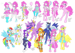 Size: 2338x1654 | Tagged: safe, artist:bluelilytz, applejack, fluttershy, pinkie pie, princess celestia, princess luna, rainbow dash, rarity, twilight sparkle, alicorn, earth pony, human, pony, anthro, semi-anthro, unguligrade anthro, g4, the last problem, arm hooves, blushing, bodysuit, clothes, cosplay, costume, crown, cutie mark, cutie mark on clothes, equestria girls outfit, female, hoof shoes, human to anthro, jewelry, mane six, older, older twilight, older twilight sparkle (alicorn), peytral, ponysuit, princess twilight 2.0, regalia, smiling, story included, traditional art, transformation, transformation sequence, twilight sparkle (alicorn)