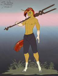 Size: 917x1200 | Tagged: safe, artist:sunny way, sunburst, unicorn, anthro, unguligrade anthro, g4, alternate universe, belly button, chin fluff, clothes, coat markings, evil, evil smile, evil sunburst, grass, grin, horn, looking at you, male, male nipples, muscles, nipples, partial nudity, patreon, patreon reward, role reversal, smiling, socks (coat markings), solo, staff, staff of sameness, topless