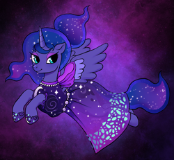 Size: 1873x1732 | Tagged: safe, artist:immunefox, princess luna, alicorn, pony, g4, bow, clothes, couture, digital art, dress, fanart, fashion, floating, flying, looking away, moon, procreate app, purple background, shoes, simple background, space, stars, turquoise eyes