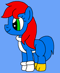 Size: 655x797 | Tagged: safe, artist:brobbol, bird, earth pony, pony, woodpecker, g4, 1000 hours in ms paint, birb, blue background, clothes, female, gloves, male, mare, ms paint, ponified, simple background, smiling, solo, the new woody woodpecker show, woody woodpecker, woody woodpecker (series)