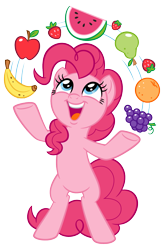 Size: 1341x2048 | Tagged: artist needed, source needed, safe, pinkie pie, earth pony, pony, g4, apple, banana, bipedal, cute, diapinkes, female, food, grapes, juggling, mare, orange, pear, simple background, solo, stock vector, strawberry, transparent background, watermelon