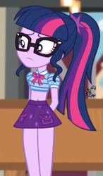 Size: 331x567 | Tagged: safe, artist:flutteryaylove, edit, edited screencap, screencap, sci-twi, twilight sparkle, equestria girls, equestria girls series, g4, holidays unwrapped, the cider louse fools, spoiler:eqg series (season 2), belly button, clothes, female, midriff, miniskirt, skirt, solo