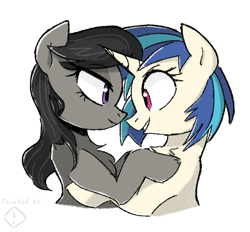 Size: 700x650 | Tagged: safe, artist:metaruscarlet, artist:yaco, dj pon-3, octavia melody, vinyl scratch, earth pony, pony, unicorn, g4, bedroom eyes, colored, female, grin, hug, lesbian, looking at each other, mare, ship:scratchtavia, shipping, simple background, smiling, white background