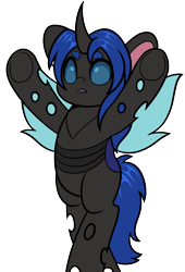 Size: 2726x4000 | Tagged: safe, artist:partypievt, oc, oc only, oc:swift dawn, changeling, pony, bipedal, blue changeling, changeling oc, changeling wings, commission, cute, eyebrows, horn, male, ocbetes, simple background, solo, subversive kawaii, transparent background, transparent wings, underhoof, upsies, wings, ych result