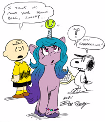 Size: 2406x2798 | Tagged: safe, artist:debmervin, color edit, edit, izzy moonbow, dog, human, pony, unicorn, g5, ball, charlie brown, colored, crossover, dialogue, female, high res, horn, horn guard, horn impalement, hornball, izzy's tennis ball, looking at you, looking up, male, mare, open mouth, peanuts, question mark, simple background, snoopy, speech bubble, tennis ball, white background